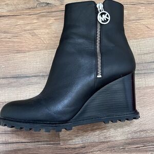 Michael Kors Black Leather Wedge Boot with MK Zip Charm